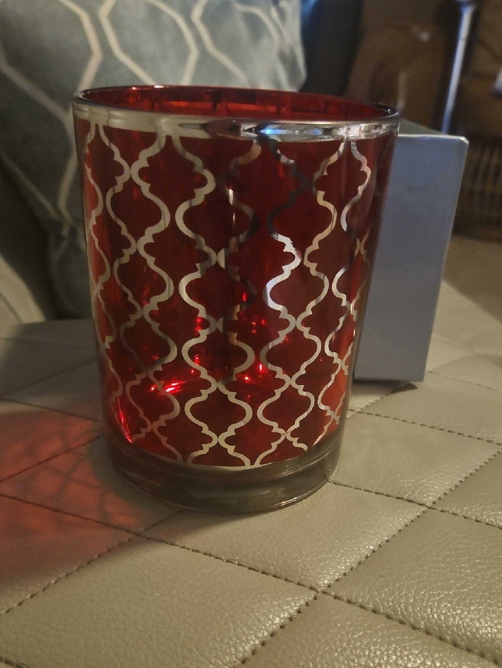 Fitz and Floyd Red Glass Votive with Silver Lattice